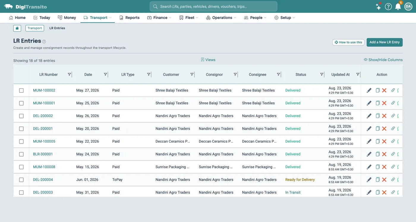 The LR Entries screen, listing consignments with number, date, type, customer and status.